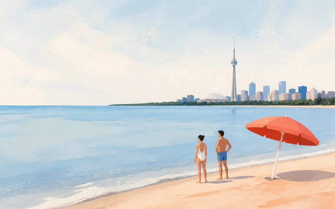 Painted summer scene of people enjoying a Toronto lakeshore.